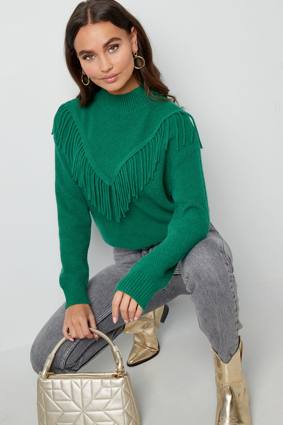 Gestrickter Basic-Pullover mit Fransen – grün h5 Bild2